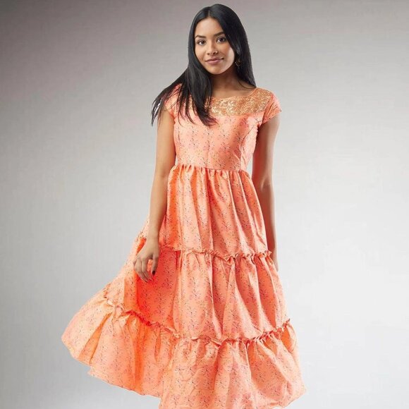 Orange Printed Silk Knee-Length Tiered Dress | Muvvas Boutique - Picture 1 of 5